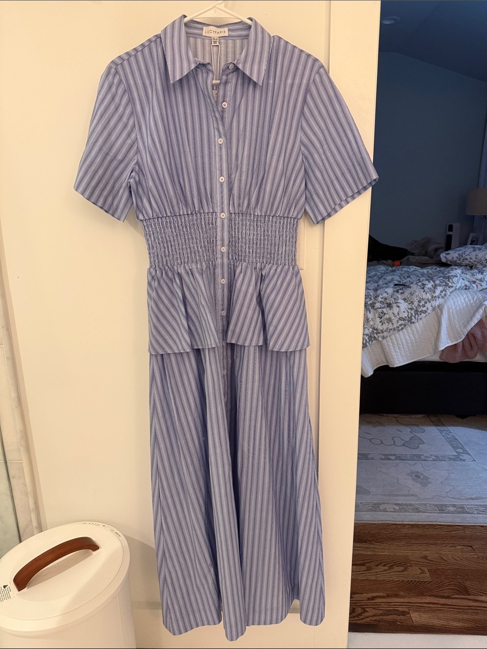 Lucy Paris Blue Striped Maxi Shirtdress Smocked Waist Peplum Over Hims Size Smal